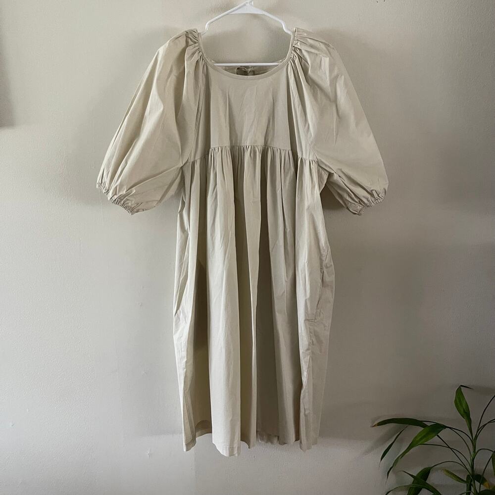 OFFON Nina Puffy Sleeve Smock Dress Beige Neutral Tie Back Midi Lagenlook L XL